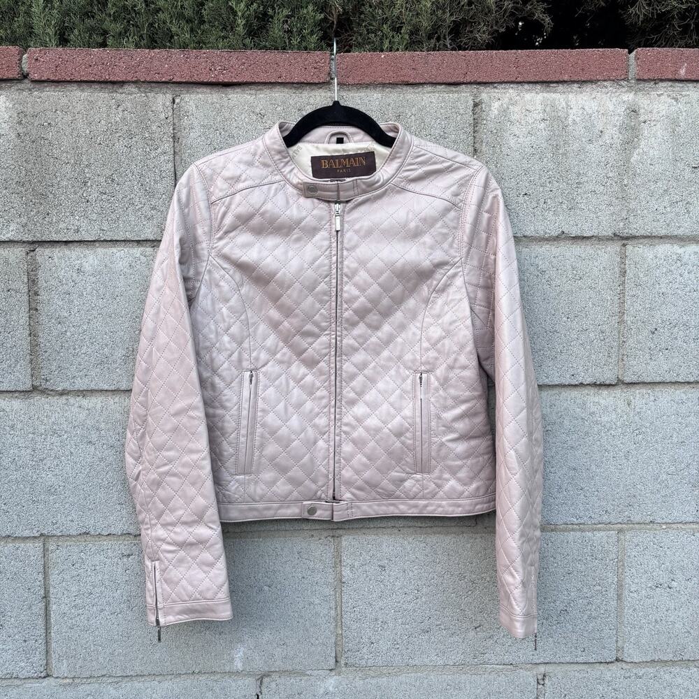 Vintage Balmain Quilted Leather Moto Jacket Women’s Pink Sz Japan 11 US L